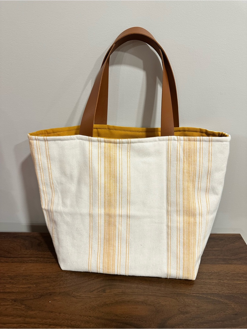 Handmade Upcycled Reversible Yellow Stripe Tote Bag with Brown Handles